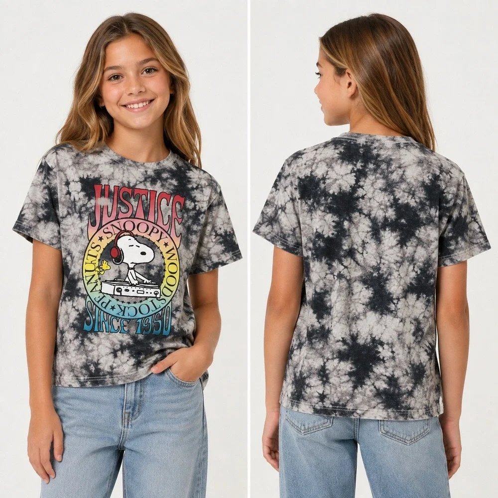 Justice Girls Peanuts Snoopy DJ Tie Dye Graphic T-Shirt Black Grey Size M 10